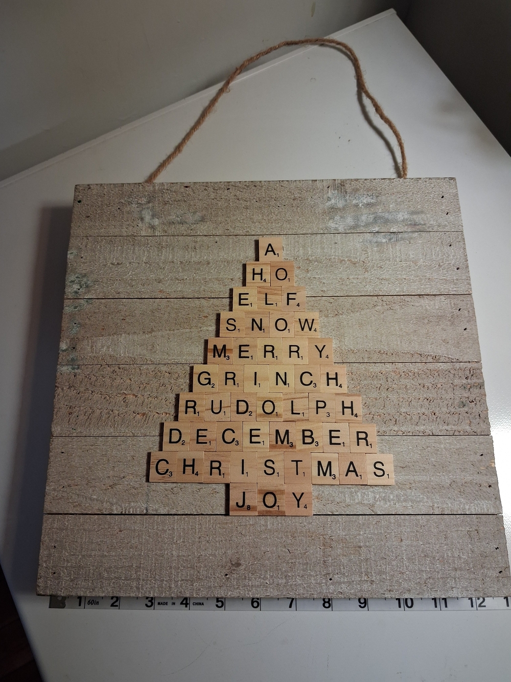 Rustic Wooden Scrabble Christmas Tree Wall Sign - Natural Brown